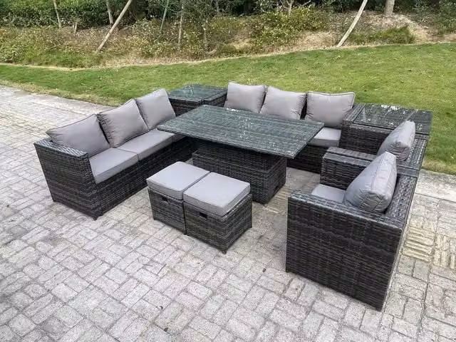 Fimous 9 Seater Outdoor Rattan Garden Furniture Set with Adjustable Rising Lifting Dining Table, Side Table, Chairs and Stools in Dark Grey