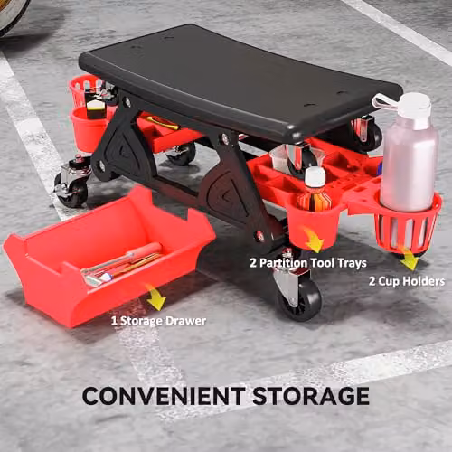 HOMCOM Rolling Mechanic Workshop Stool with Drawer, Red – 5