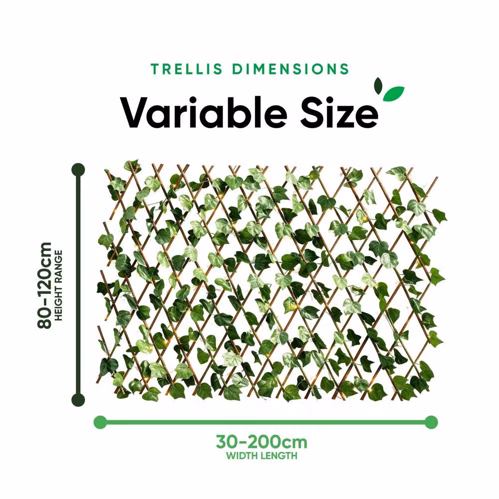Gardenwize Solar Expandable Ivy Trellis with 100 Warm White LED Lights, Green Artificial Hedge Privacy Screen for Wall-Mounted Garden Screening – 2