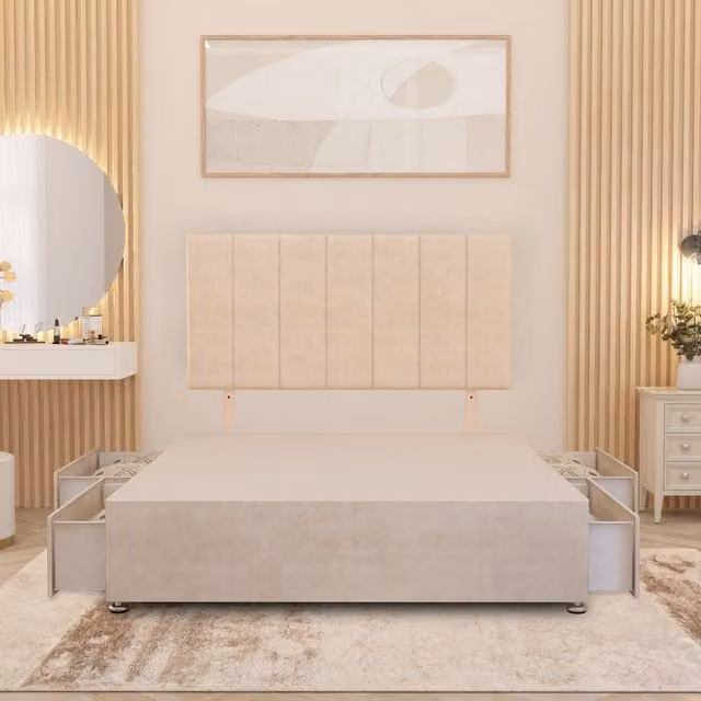 Somnior Beds Ltd Upholstered Velvet Divan Bed Base with Drawers in Ivory, W/D/H: 120 x 200 x 34.5 cm
