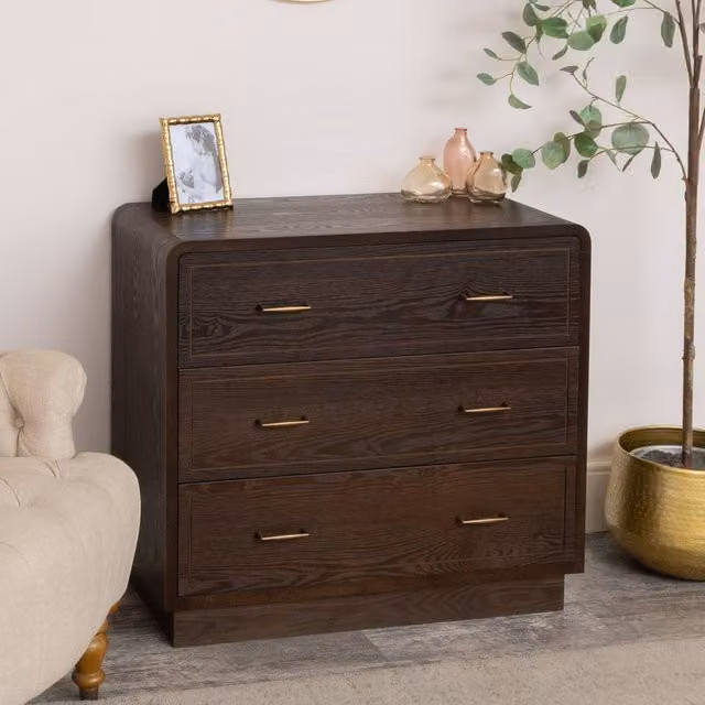 Melody Maison Kingsley Range 3 Drawer Chest of Drawers in Brown Wood with Gold Accents