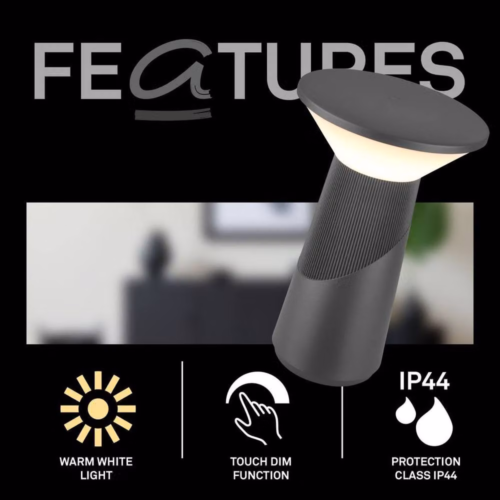Briloner Pilia Rechargeable LED Table Lamp, Anthracite, H 24 cm x W 15 cm, IP44 Dimmable Night Light – 3