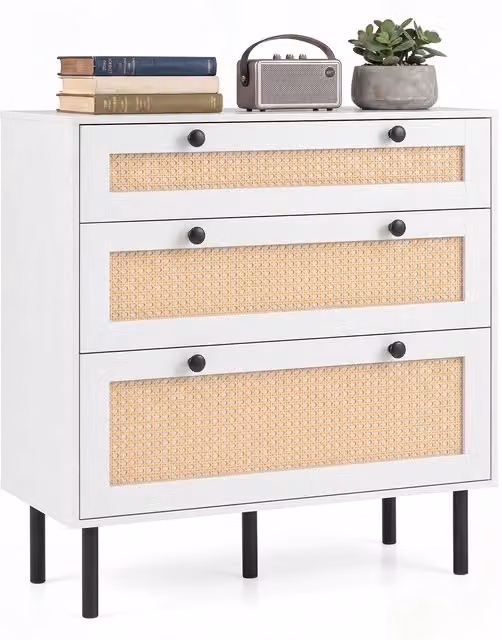 Costway Boho Modern White Chest of Drawers with Rattan and Metal Details