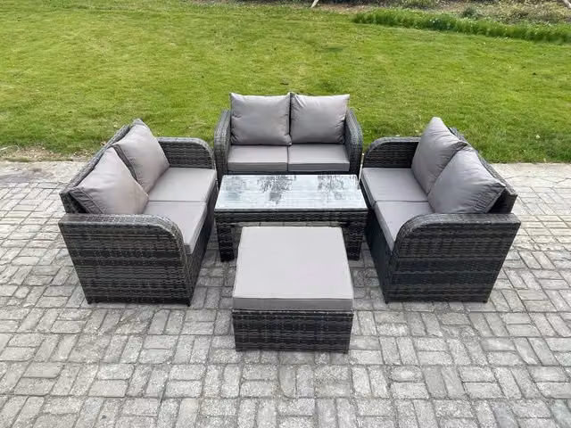Fimous 6 Seater Rattan Garden Furniture Set in Dark Grey with Coffee Table, Love Seat and 2 Side Tables