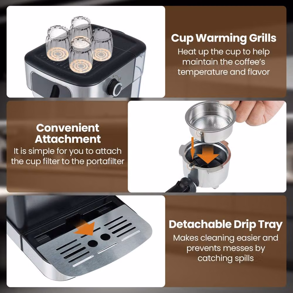 Costway 1200W Professional Espresso Machine with 20 Bar Pressure, 1.8 l Removable Tank and Steam Wand in Silver – 6