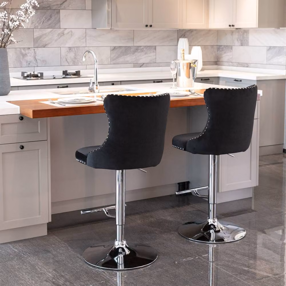 Modern Home Touch Set of 2 Luxury Velvet Adjustable Swivel Bar Stools with Chrome Base in Black – 2