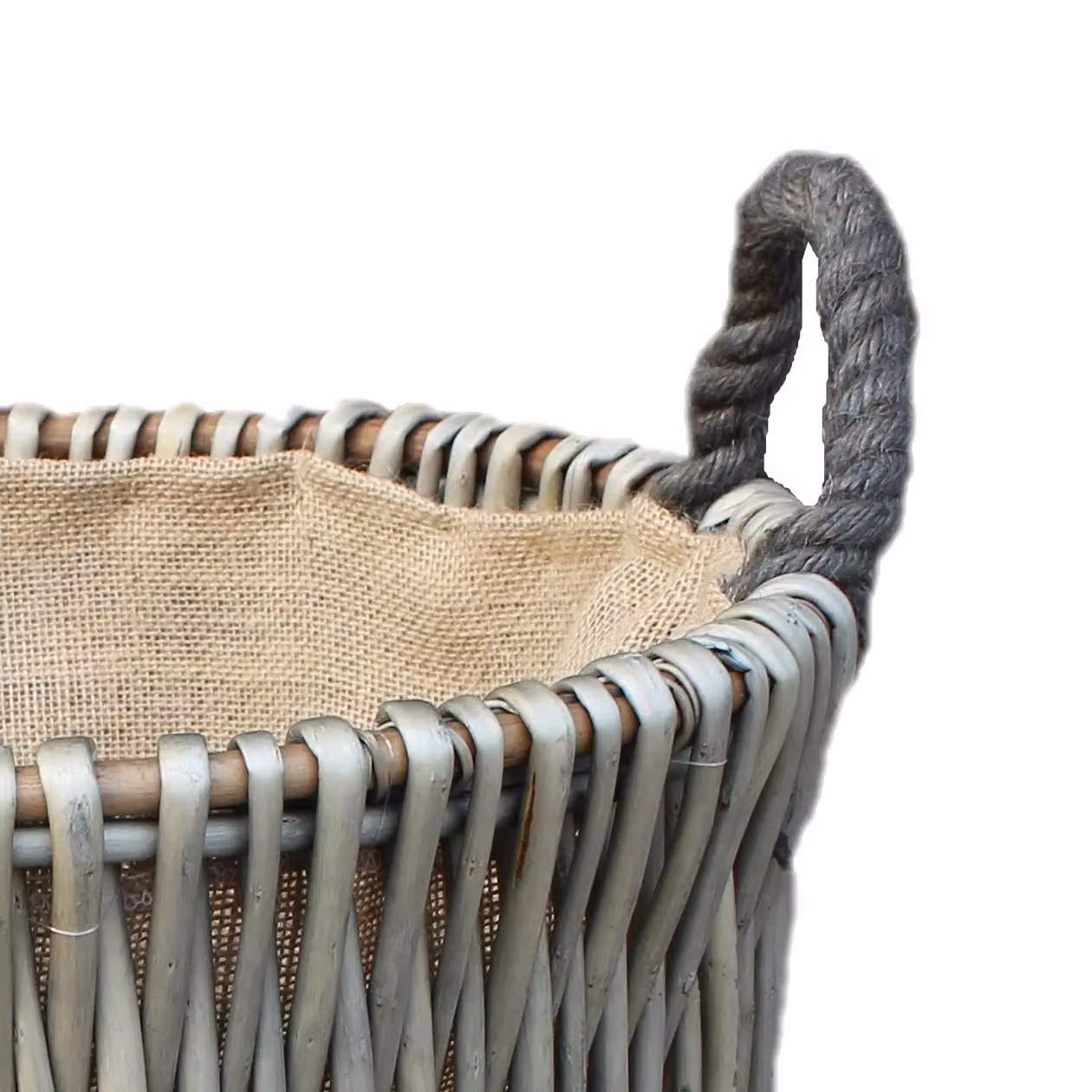 Red Hamper Tall Round Wicker Log Basket with Hessian Lining in Grey and Brown, H 49 cm x W 32 cm x D 43 cm – 2