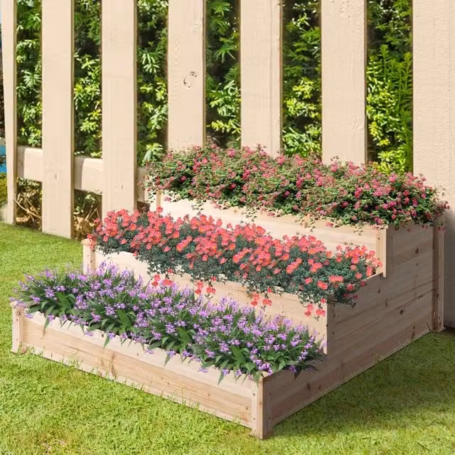 Outsunny 3-Tier Wooden Raised Bed Planter Kit in Beige or Brown, W/D/H: 124 x 124 x 56 cm