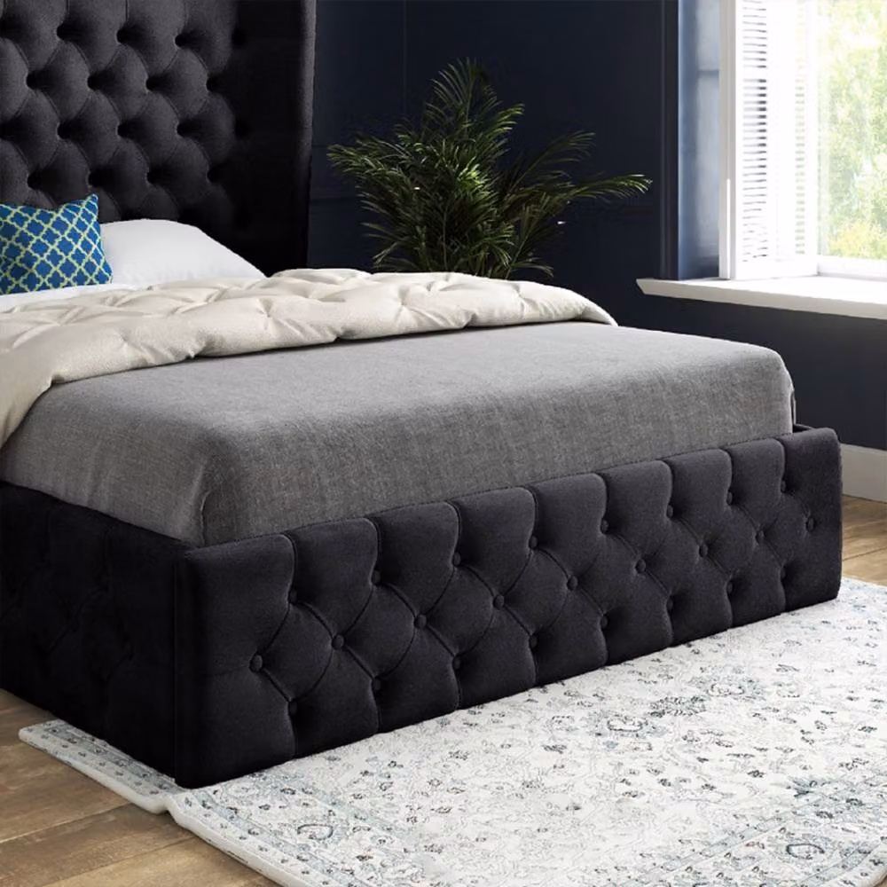 Casani Ickham Super King Wide Winged Upholstered Designer Bed Frame in Black Soft Velvet, W/D/H: 220 x 200 x 137 cm – 5