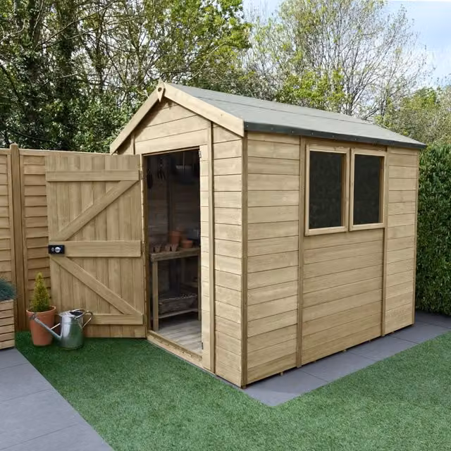 Forest Garden Tongue and Groove Apex Shed in Brown, W: 243.84 cm, D: 182.88 cm, H: 213.36 cm