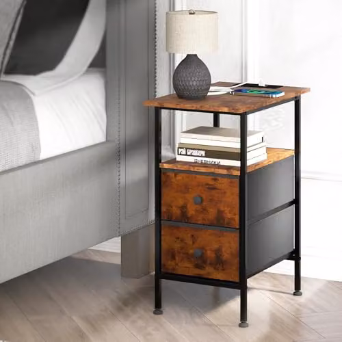Levede Industrial Slim Bedside Table with Charging Station and 2 Drawers in Brown and Black – 6