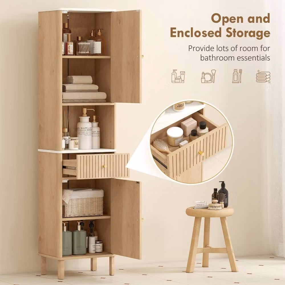 Wyld Haus Fasu Slim Tall Bathroom Cabinet in Light Oak with Soft Close Drawer and Internal Shelves, H 168.0 cm x W 41.5 cm – 5