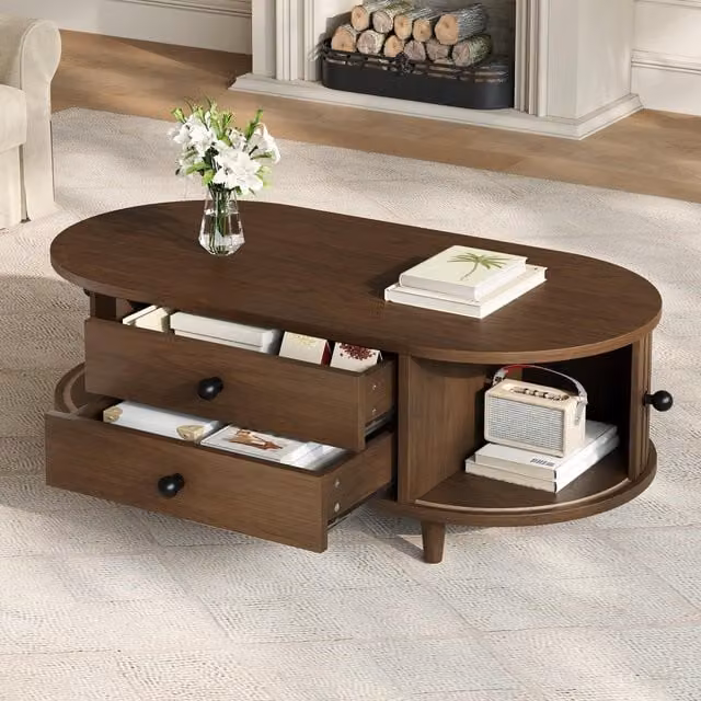 Aosom UK Oval Coffee Table with Sliding Roll-Top Doors and Two Drawers, Walnut Brown, W: 100 cm, D: 50 cm, H: 36 cm