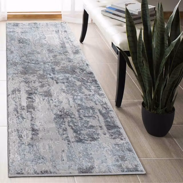 Serdim Rugs Emperor Styra Modern Grunge Abstract Area Rug Runner, Silver, W: 60 cm, L: 220 cm