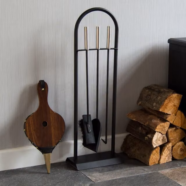 Fire Vida 4 Piece Arc Fireplace Companion Set in Black and Silver, H: 71.0 cm, W: 23.0 cm, D: 18.0 cm – 1
