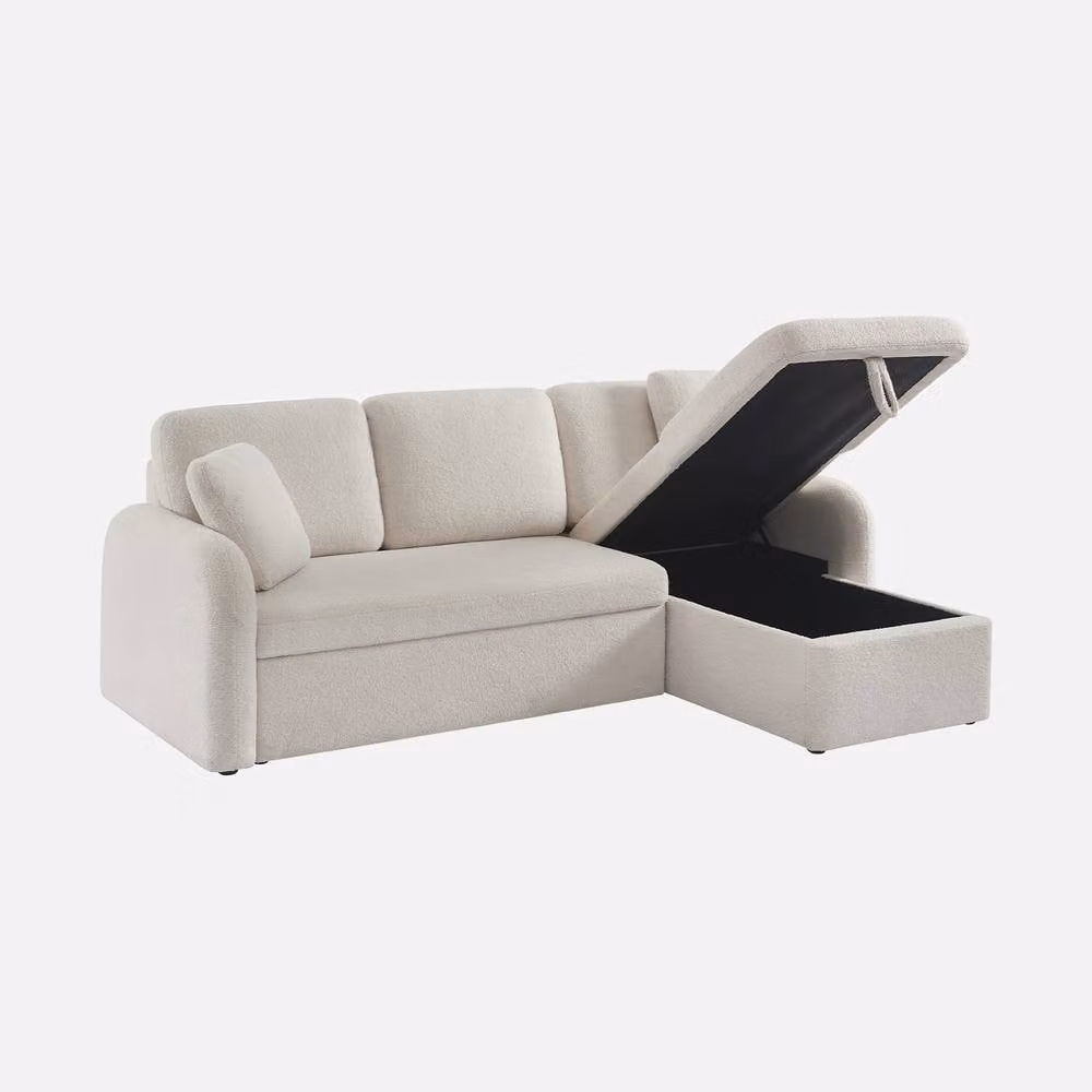 sweeek 3-Seater Reversible Corner Sofa Bed in Cream Boucle Fabric with Pull Out Drawer and Scatter Cushions, W/D/H: 220 x 120 x 85 cm – 2