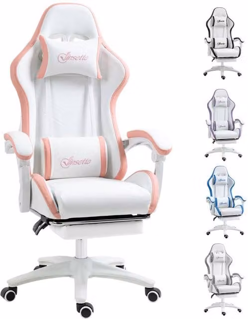 Rolipo White PU Leather Gaming Chair with 135 Degree Recline, Headrest and Footrest