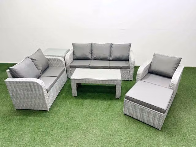 Fimous Patio 7 Seater Grey PE Wicker Rattan Outdoor Furniture Set with Coffee Table, 3 Seater Sofa, Loveseat, Reclining Chairs and Ottoman