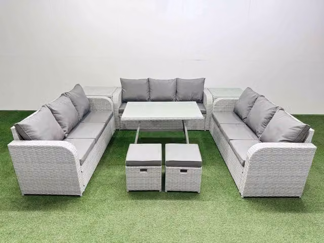 Fimous 11 Seat PE Rattan Garden Furniture Set in Light Grey with 2 Side Tables and 2 Small Stools
