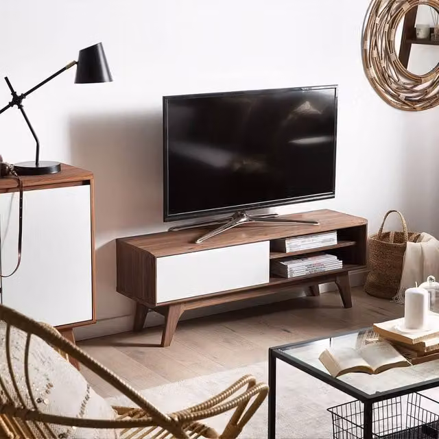 Wyld and Coco Mid-Century 2 Tone TV Stand in Dark Brown and White with Cable Management and Storage Shelf – 1