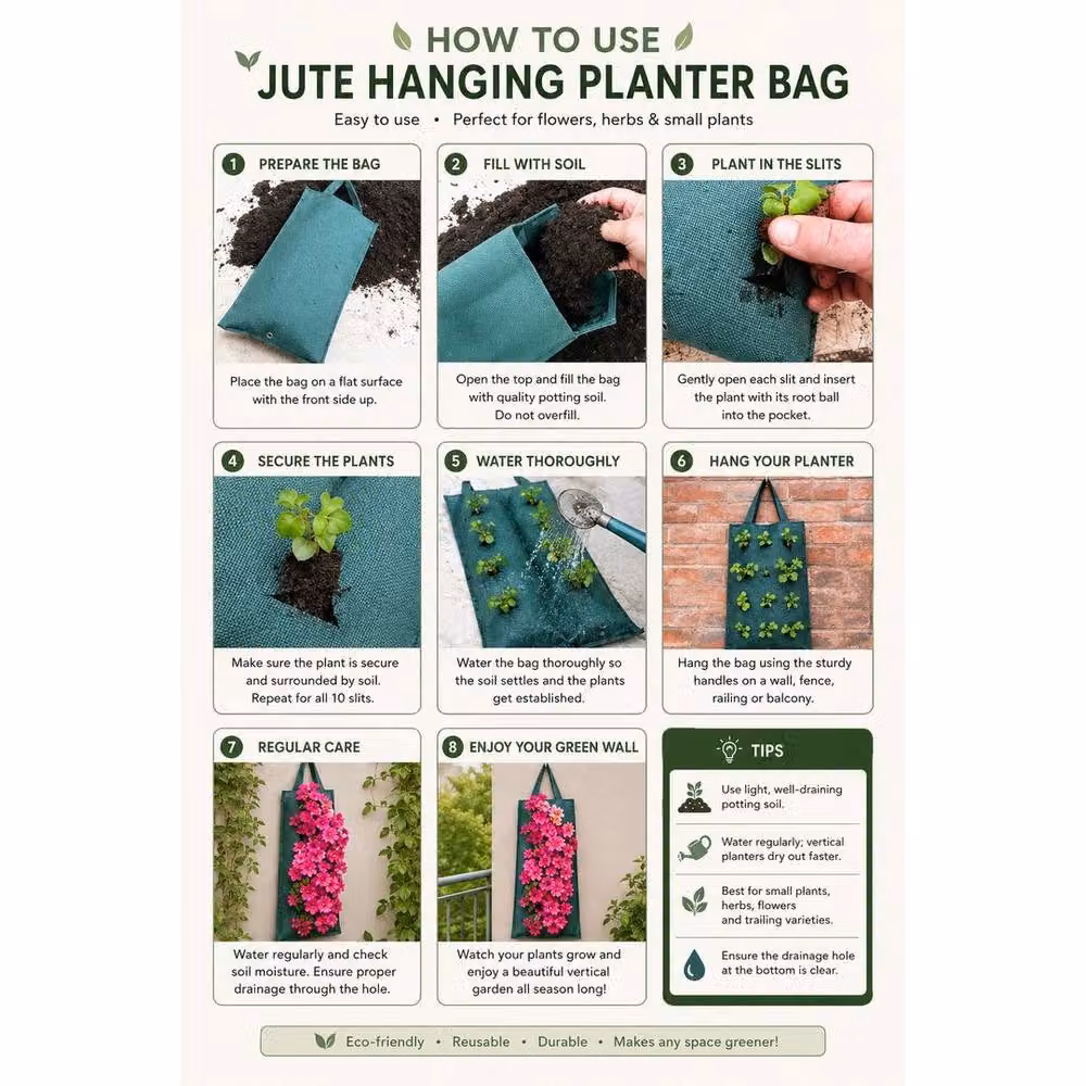 SPETLEK Pack of 5 Green Jute Hanging Planter Bags – 3