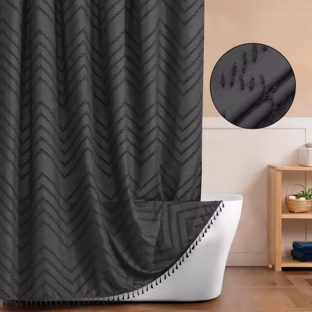 INHOUSOLU HOME DECOR Grey Tufted Textured Chevron Striped Polyester Bathroom Shower Curtain with Tassels and Eyelets – 1