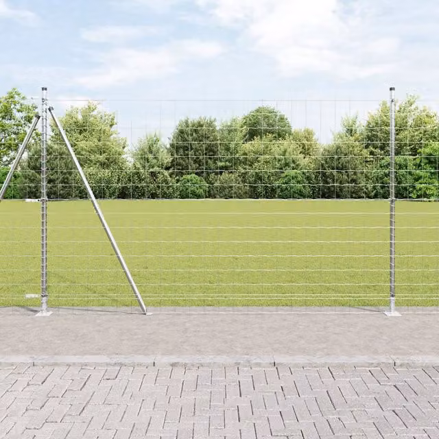 Berkfield Home Euro Fence with 7 Flanged Posts, Galvanised Steel, Silver/Grey, W: 10 m, H: 1.5 m