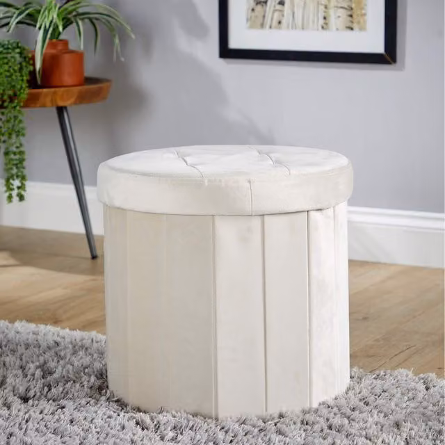 Home Source Grantham Velvet Round Ottoman in Beige