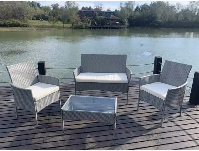 EONLION Grey 4-Piece Rattan Outdoor Garden Furniture Set with 2-Seater Sofa, Coffee Table and Cushions, Width: 100 cm – 1