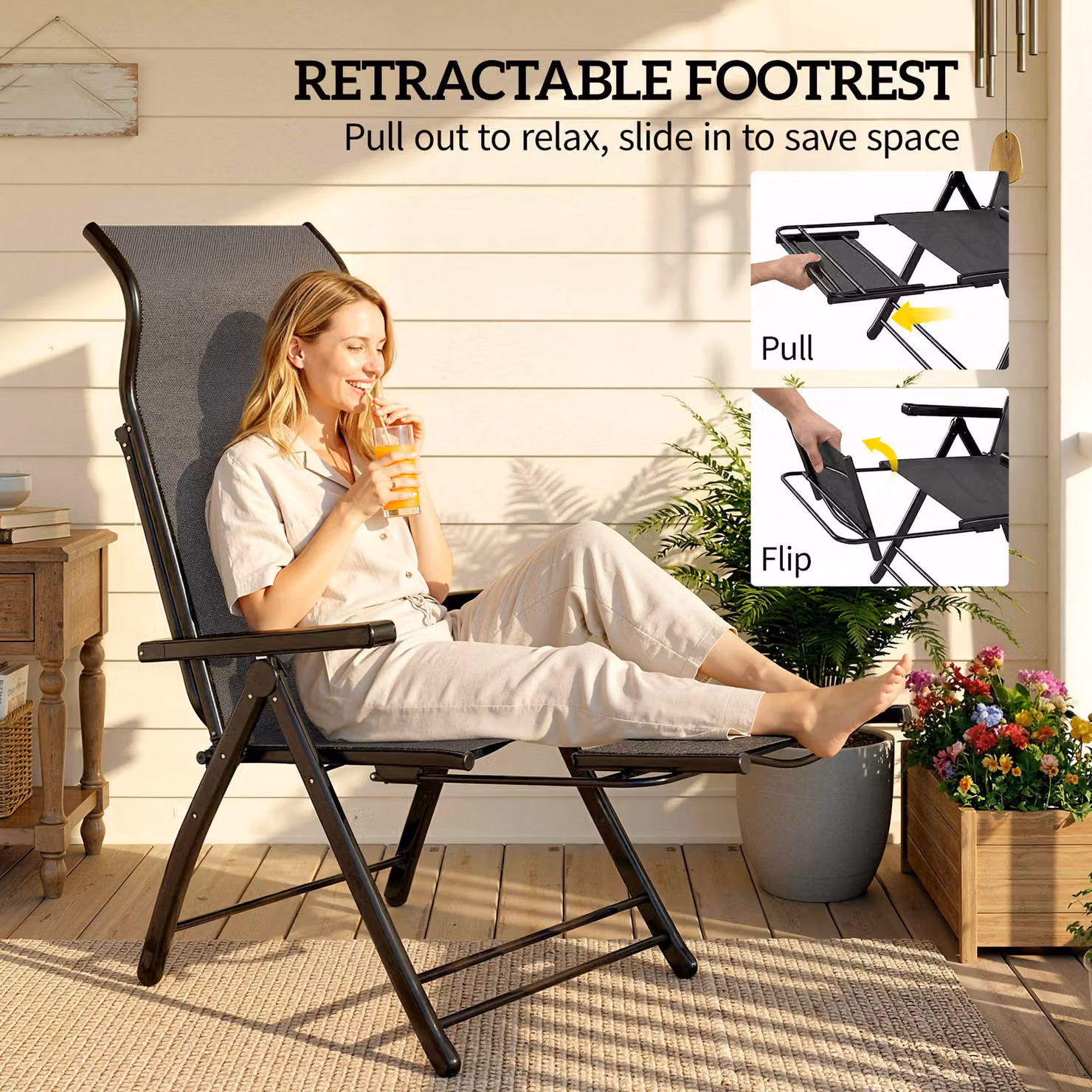Outsunny Set of 2 Reclining Garden Chairs in Dark Grey with 5-Position Folding Sun Loungers, High Back, Retractable Footrest and Armrests – 4