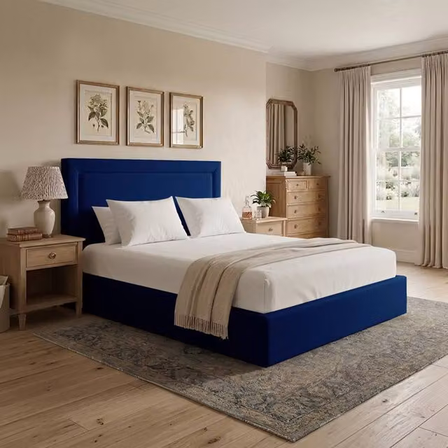 Desire Deco Janessa Ottoman Storage Bed Frame in Blue Plush Velvet, Double W/D/H: 140 x 200 cm