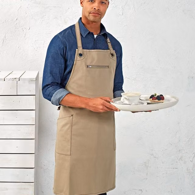 Premier Barley Cotton Full Apron with Contrast Stitching in Beige