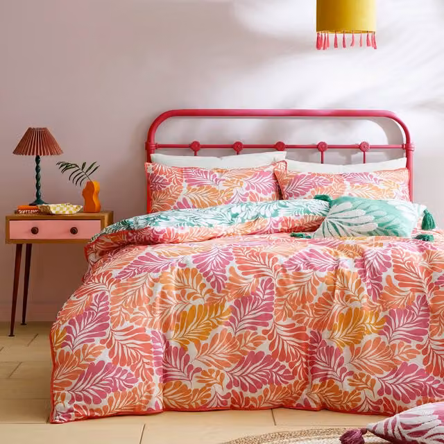 Appletree Pink and Green Tropical Leaf Reversible Cotton Duvet Cover and Pillowcase Set, W/D/H: 200 x 200 cm