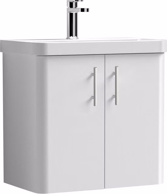 Balterley Gloss White Wall Hung 2 Door Bathroom Vanity Unit with Basin and Chrome Details, Width: 57.9 cm
