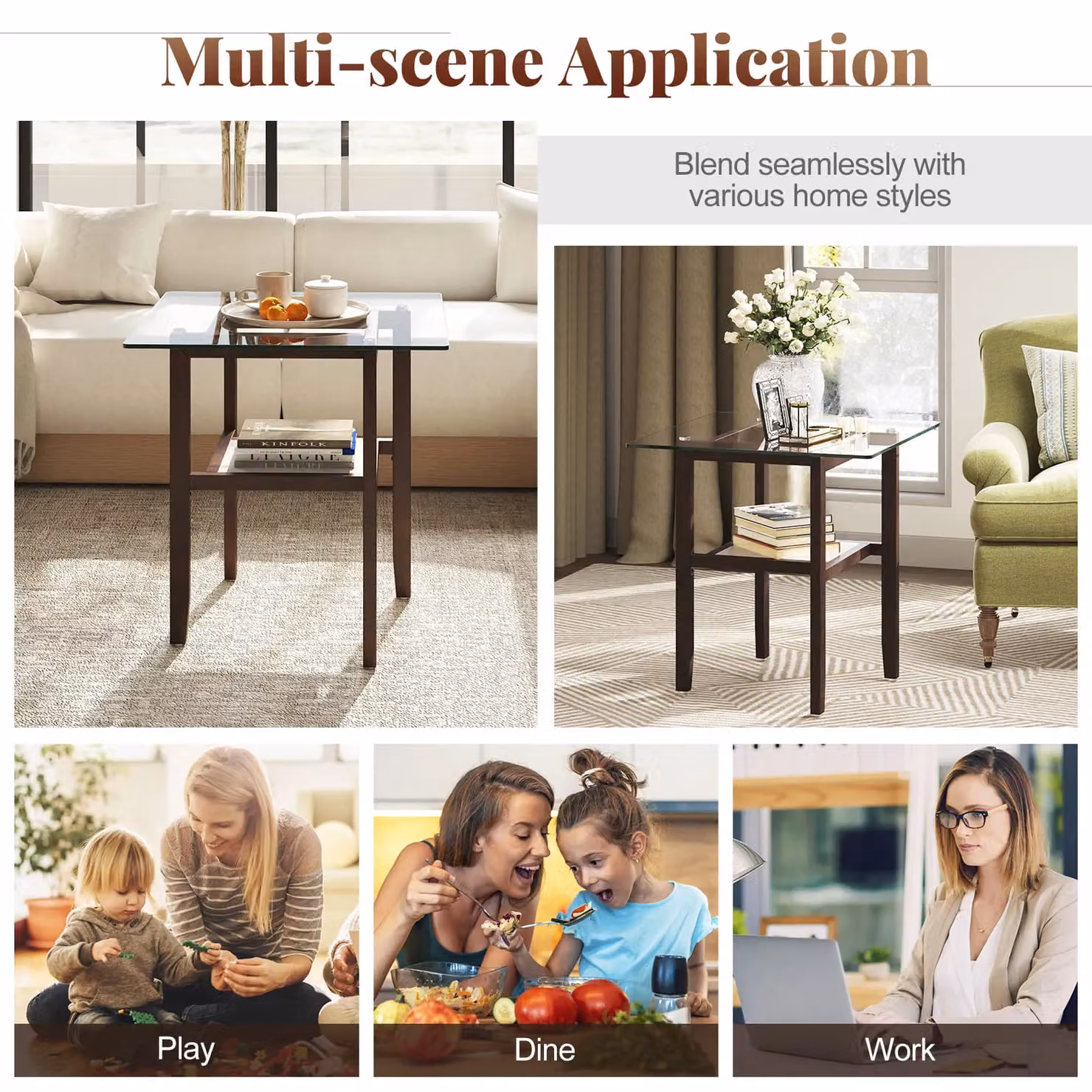 Gymax 2-Tier Square Glass and Rubberwood Side Table with Storage Shelf, Dark Brown, W/D/H: 61 x 61 x 62 cm – 3