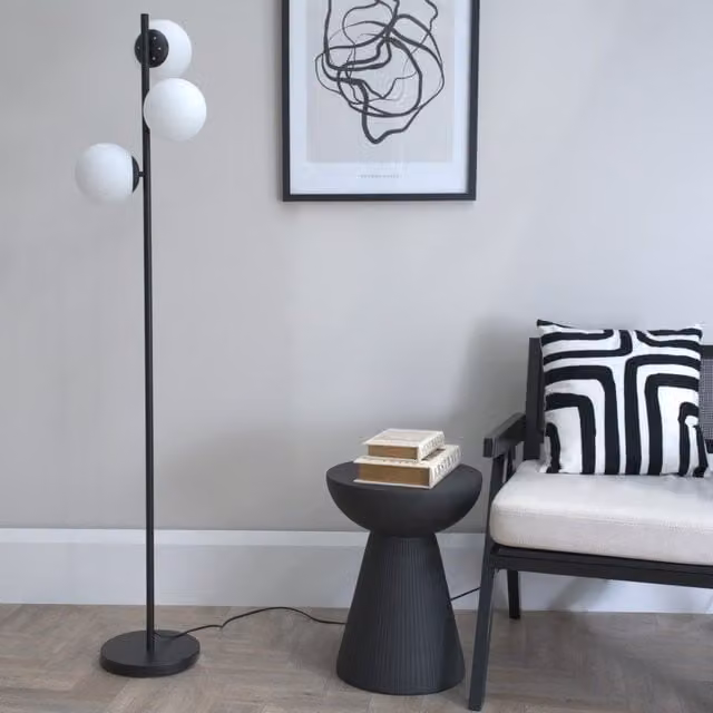 ValueLights Jas 3 Way Floor Lamp with White Opal Frosted Glass Globe Shades in Black – 1