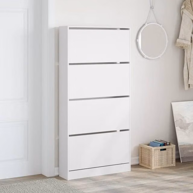 Berkfield Home Modern White Shoe Cabinet with 4 Tilting Compartments W/D/H: 80 x 21 x 163.5 cm