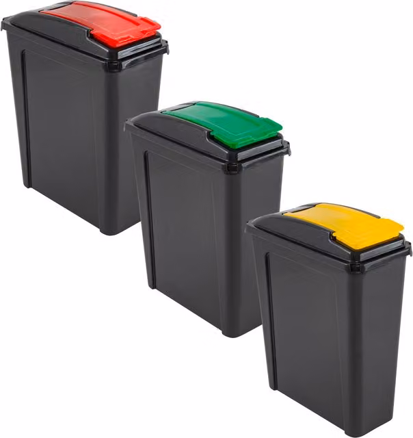 Wham 3 Piece Recycle It 25L Plastic Bins with Flip Lids in Grey with Red, Green and Yellow Lids – 3