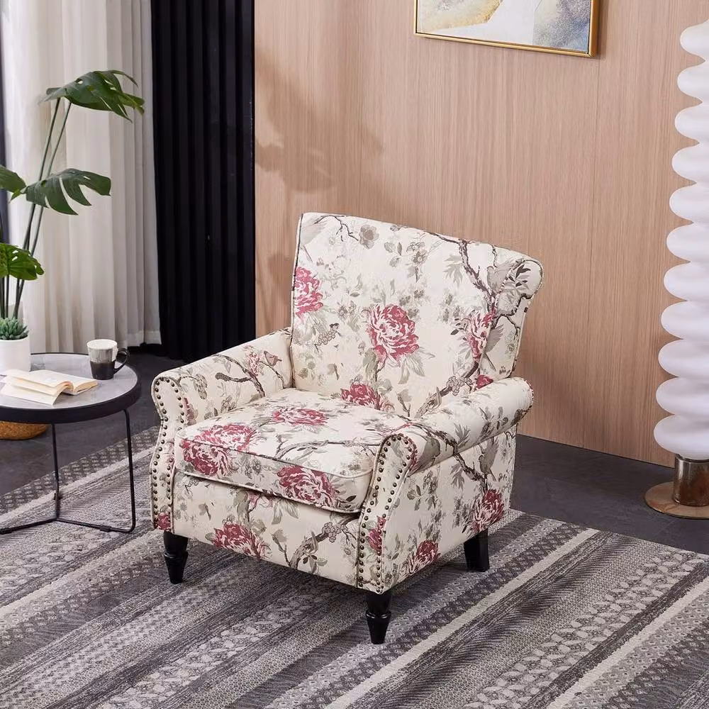 FORGEVIO Beige Velvet Upholstered Wingback Armchair with Armrests and Wood Frame – 3