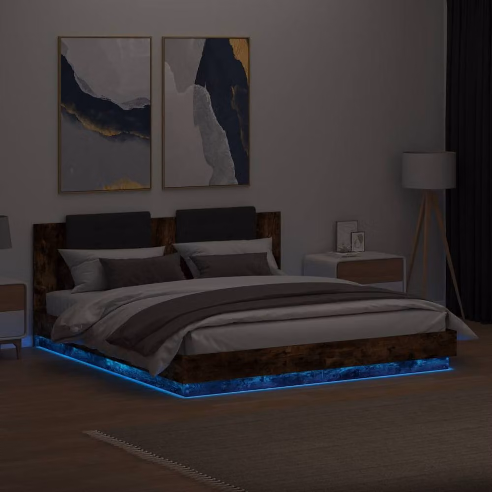 Berkfield Home Modern Bed Frame with LED Under-Bed Lighting and USB Charging Port in Smoked Oak Brown, W/D/H: 200 x 200 cm – 4