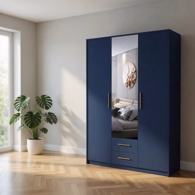 Swindon 3 Door Wardrobe in Matt Blue with Mirror, Width: 135 cm