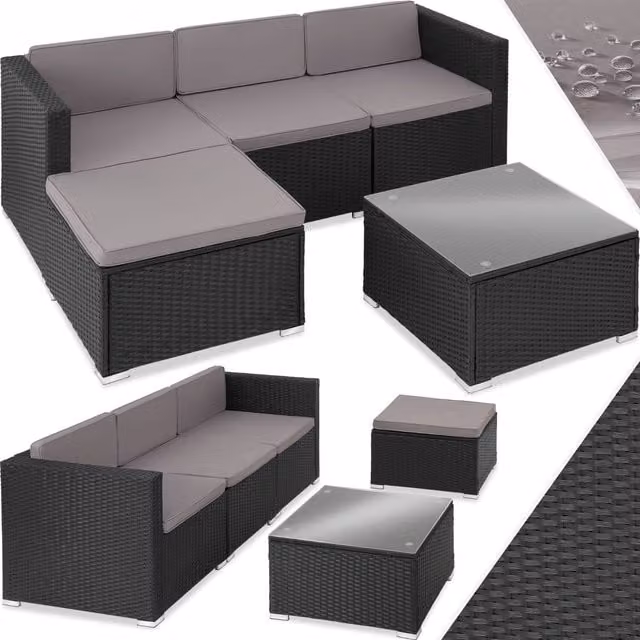 Tectake Lignano Modern Poly Rattan Garden Furniture Set with Glass in Black