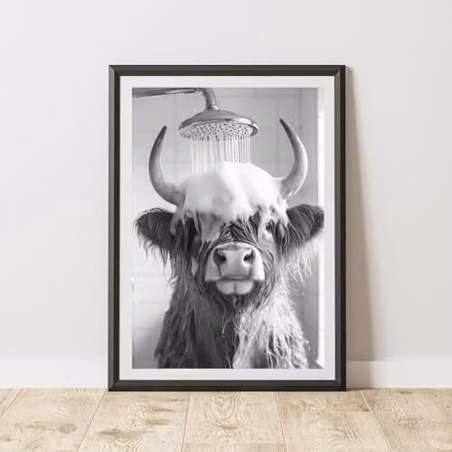 60 Second Makeover Funny Highland Cow In The Shower Paper Poster, Black and White, W: 21.0 cm, H: 29.7 cm