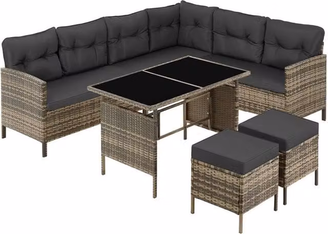 tectake 8 Seater Garden Furniture Set with Cushions, Footstools and Table in Natural and Beige – 1