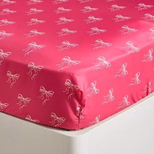 OHS Bow Print Single Fitted Microfibre Bed Sheet, Pink, W/D/H: 90 x 190 x 25 cm