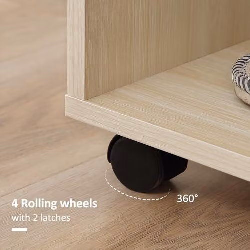 HOMCOM Rolling Open Wardrobe with Hanging Rail and Storage Shelves in Sand – 3