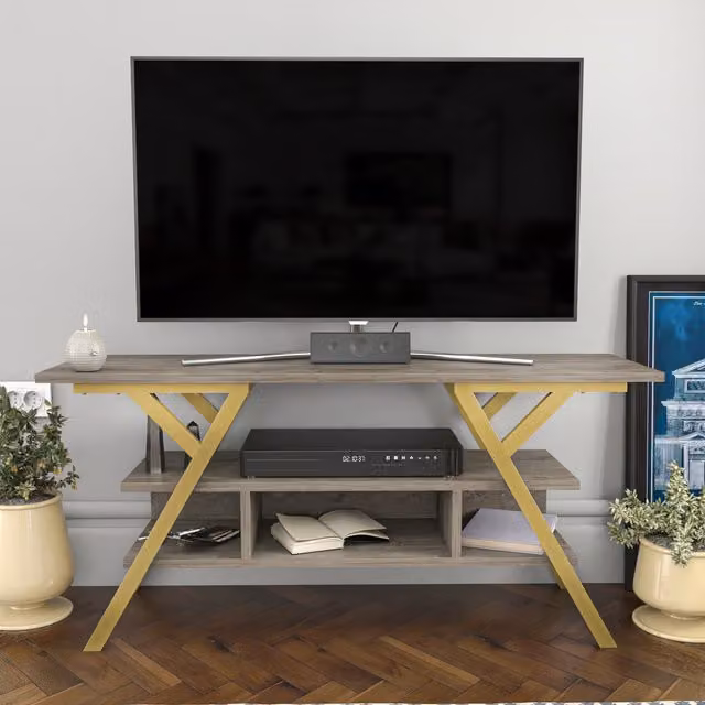 Decorotika Minerva Minimalist Brown Wood and Metal TV Unit