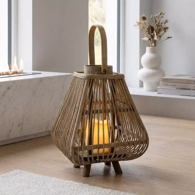 Garden Greatness Small Natural Bamboo LED Lantern in Beige and Brown