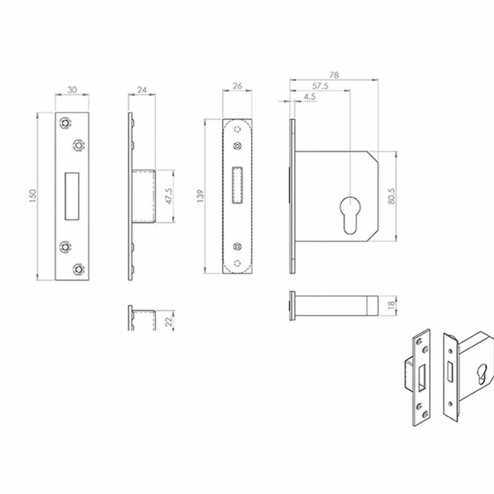 Loops 64mm Euro Profile Double Cylinder Deadlock Set with Latch and Escutcheon in Silver Stainless Steel – 2