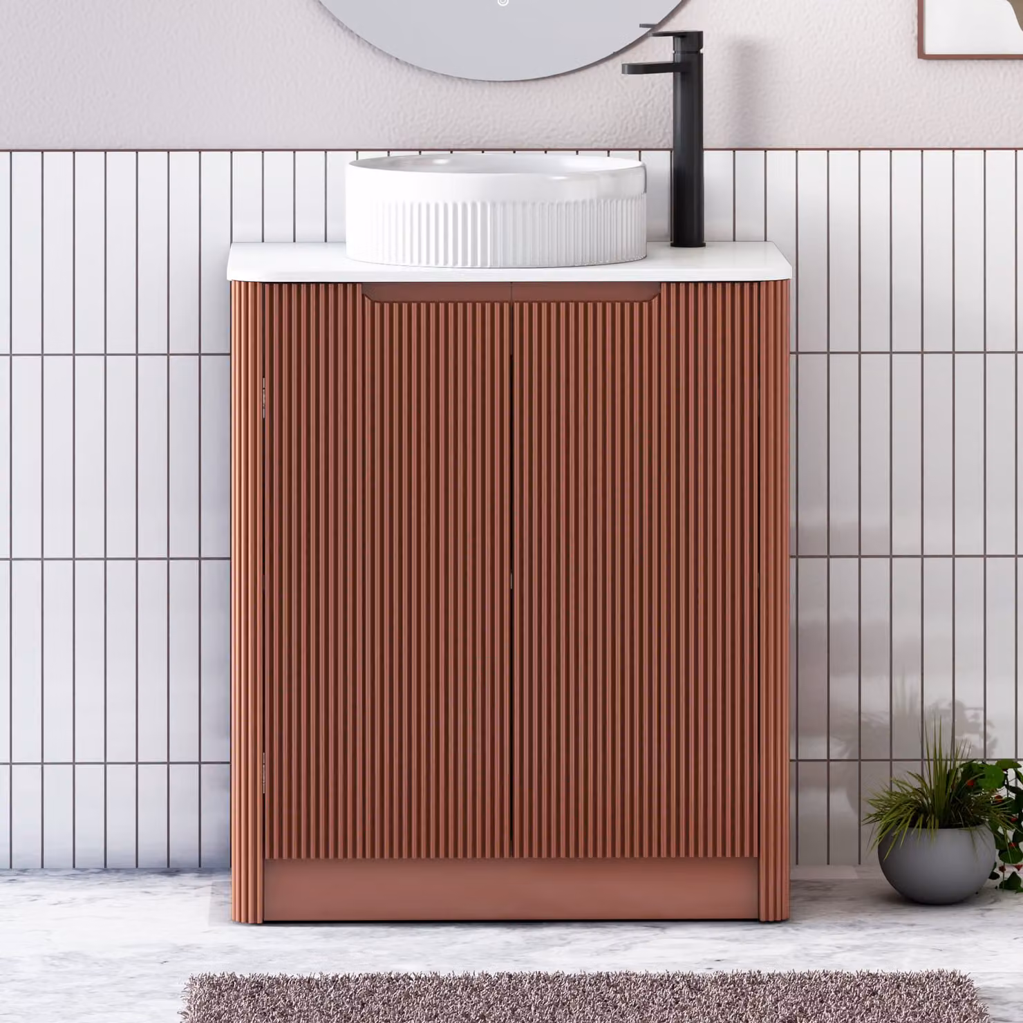 Royal Bathrooms Avenza 700mm Terracotta Clay Floor Standing 2 Door Vanity Unit with Plain White Worktop and Round Basin